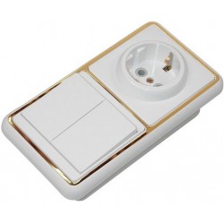 Блок БКВР 032 золотая рамка 2 клавишный выключатель + розетка с заземлением 