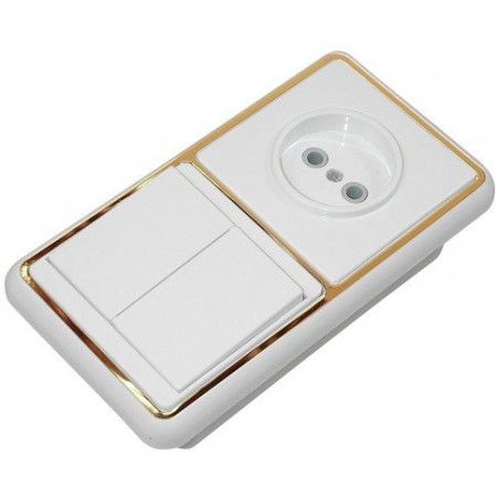 Блок БКВР 038 золотая рамка 2 клавишный выключатель + розетка без заземления